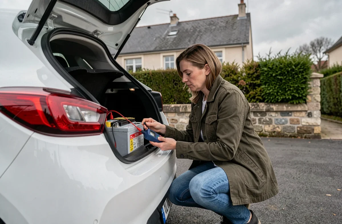 Femme vérifiant la batterie auxiliaire 12V d'une Renault Clio 4 avec un multimètre dans une allée résidentielle pour diagnostiquer un problème de Stop and Start