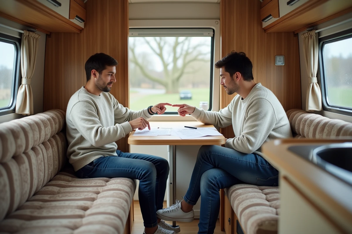 Couple vérifiant l'intérieur d'une caravane d'occasion avec une liste de contrôle avant achat