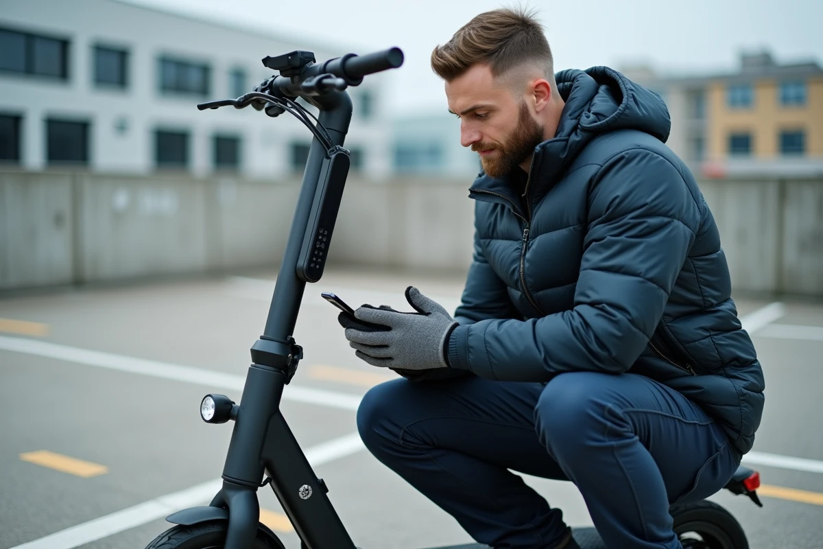Homme consultant la plaque technique d'un scooter électrique dans un parking, vérifiant les caractéristiques légales pour la conduite sans permis thermique