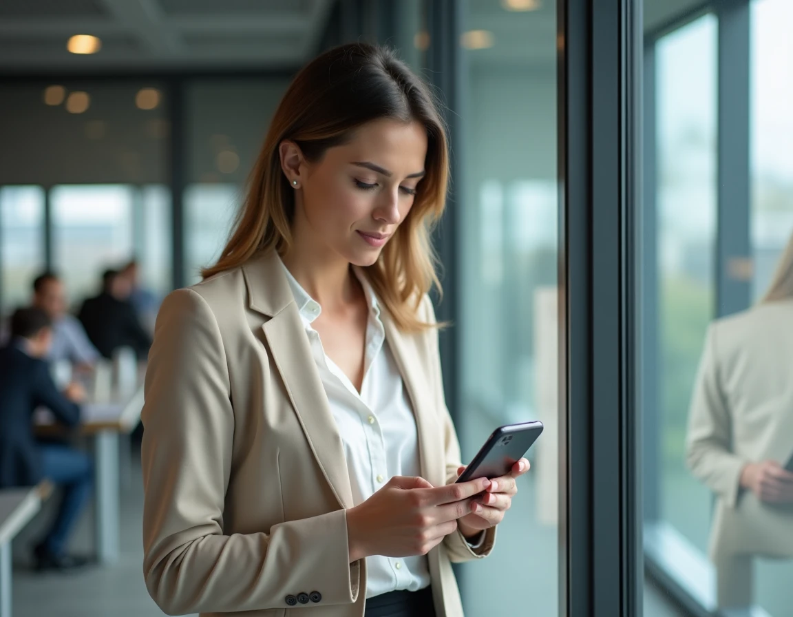 Femme consultant ses points de permis de conduire sur smartphone dans un cadre professionnel