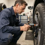 Technicien automobile vérifiant la pression des pneus avec un manomètre numérique dans un garage professionnel