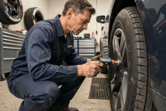 Technicien automobile vérifiant la pression des pneus avec un manomètre numérique dans un garage professionnel
