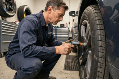 Technicien automobile vérifiant la pression des pneus avec un manomètre numérique dans un garage professionnel