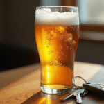 Verre de bière fraîche avec condensation sur un fond en bois