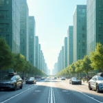 Rue futuriste en 2050 avec voitures innovantes et bâtiments verts