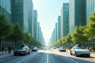 Rue futuriste en 2050 avec voitures innovantes et bâtiments verts