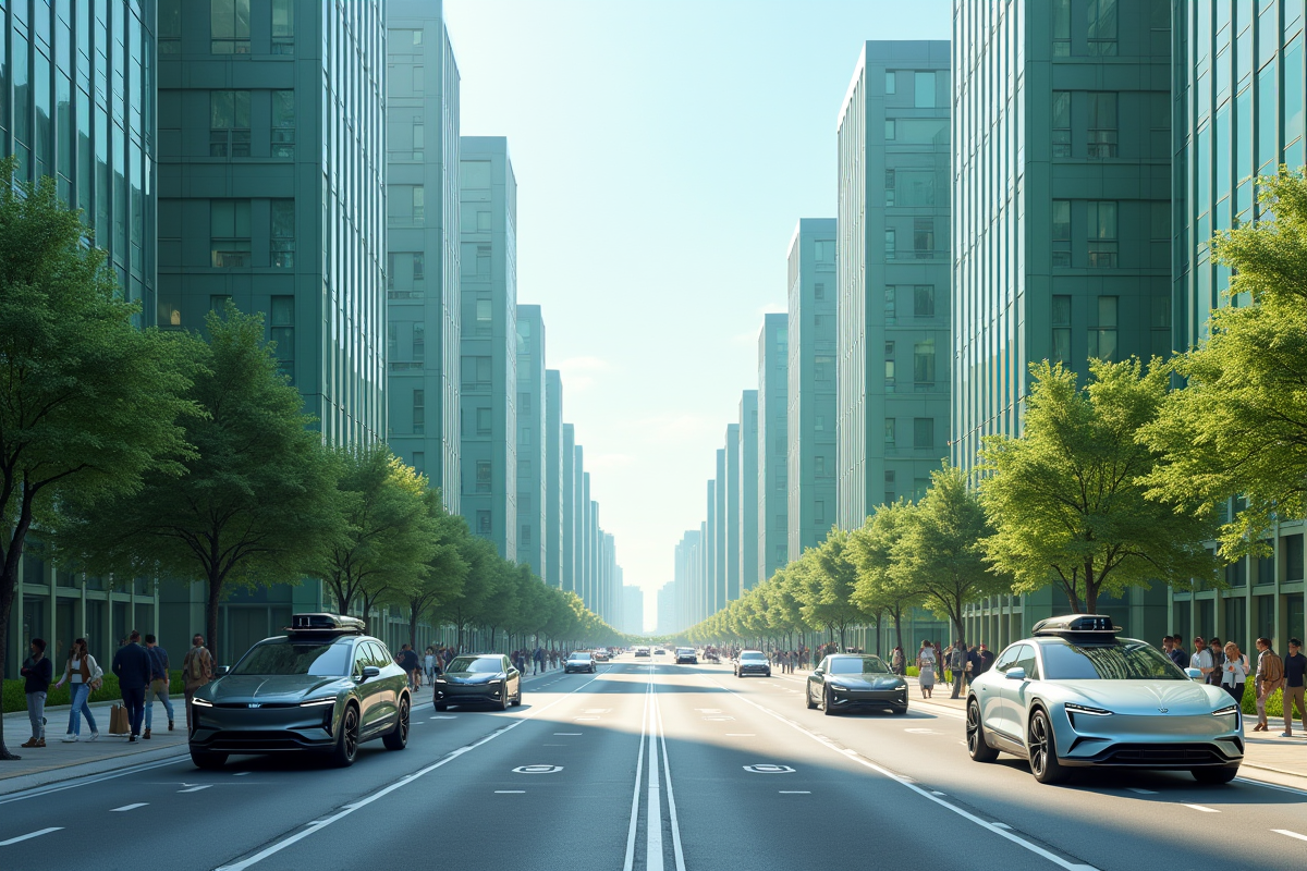 Rue futuriste en 2050 avec voitures innovantes et bâtiments verts