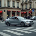 Voiture engagée dans un carrefour au moment où le feu passe à l'orange en milieu urbain à Paris