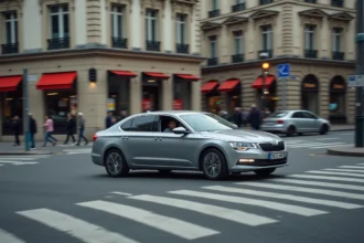 Voiture engagée dans un carrefour au moment où le feu passe à l'orange en milieu urbain à Paris