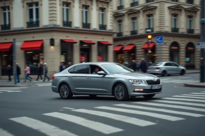 Voiture engagée dans un carrefour au moment où le feu passe à l'orange en milieu urbain à Paris