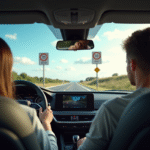 Voiture familiale moderne conduisant en toute securite sur une route ensoleillee