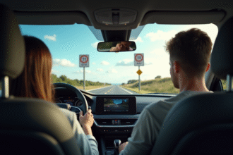 Voiture familiale moderne conduisant en toute securite sur une route ensoleillee