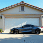 Voiture moderne garée devant une maison de banlieue ensoleillée