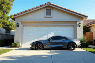 Voiture moderne garée devant une maison de banlieue ensoleillée