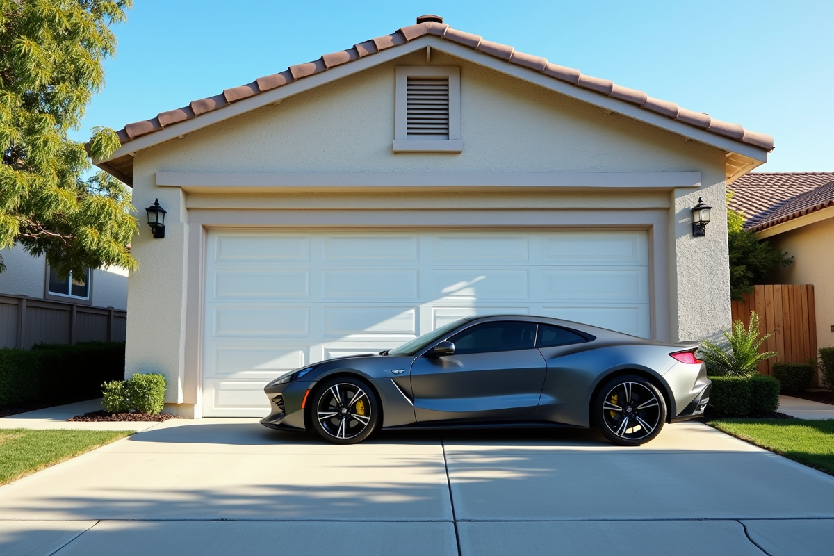 Voiture moderne garée devant une maison de banlieue ensoleillée