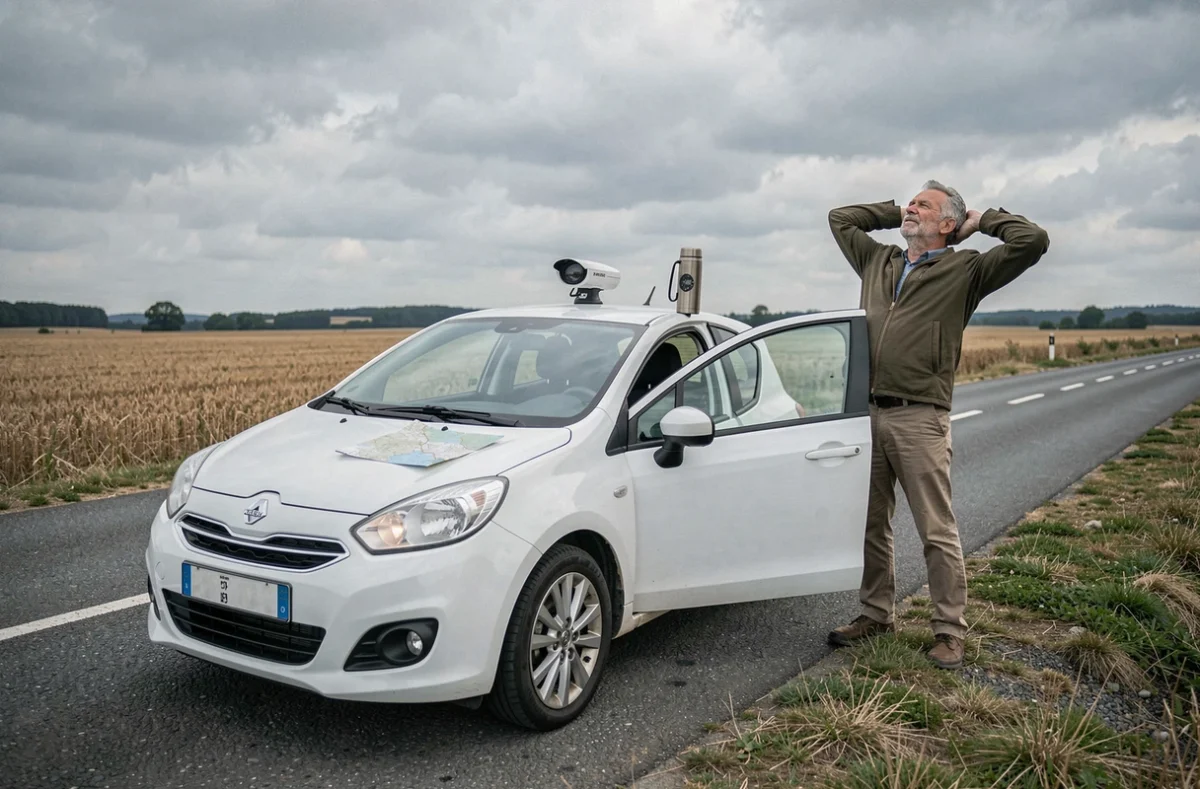 Voiture radar privée garée en bord de route rurale en France avec son conducteur pendant une pause, montrant les réalités du métier