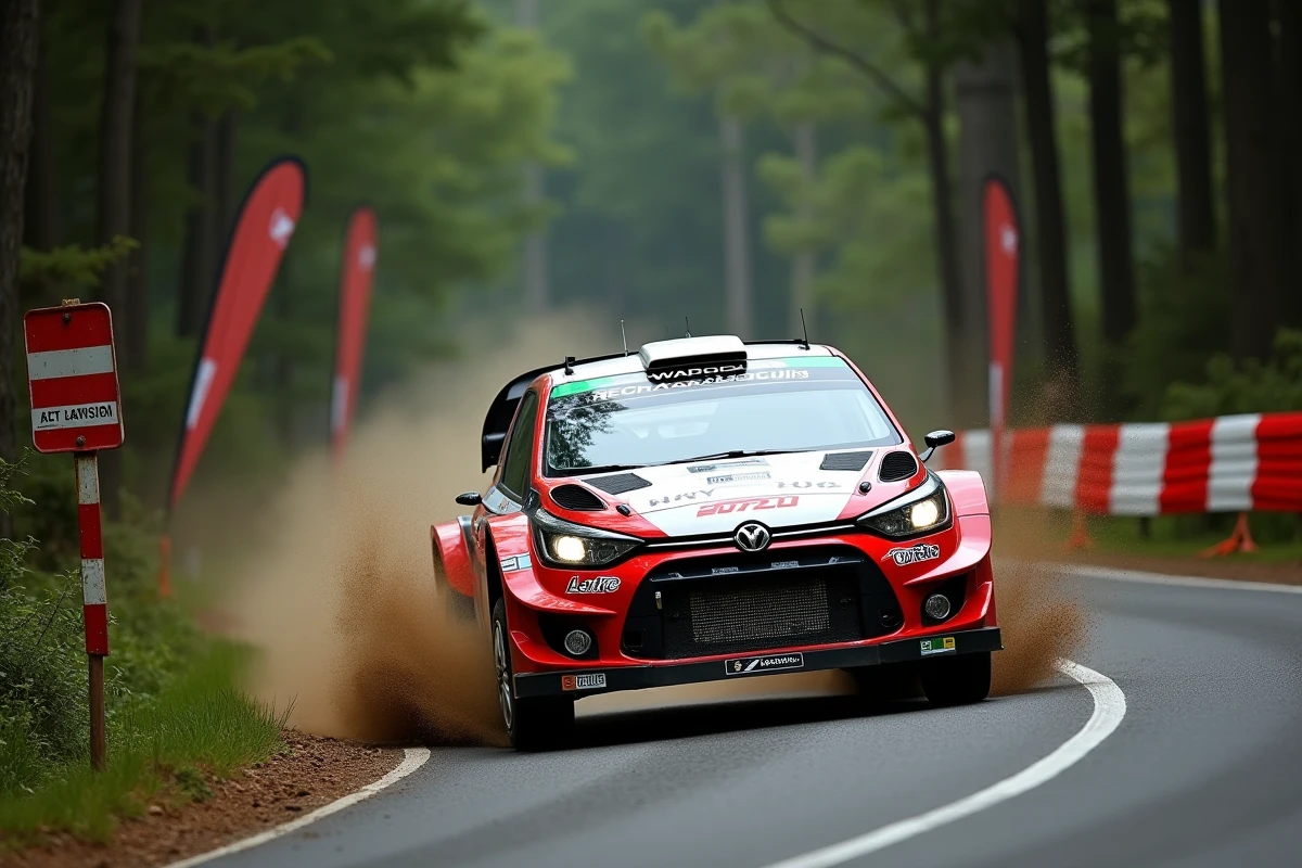 Voiture de rallye en pleine action sur une route de campagne française avec signalisation de sécurité et co-pilote tenant le carnet de notes de cap