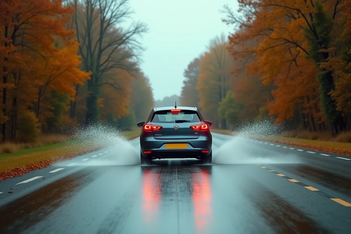 Voiture roulant sur route mouillée en automne illustrant l'impact du type de conduite sur la durée de vie des pneus