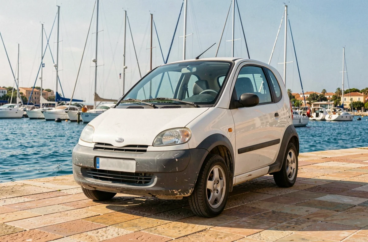 Voiture sans permis d'occasion garée sur le front de mer en région PACA avec vue sur la Méditerranée