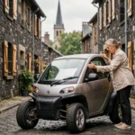 Femme examinant une voiture sans permis d'occasion dans un village d'Auvergne aux maisons en pierre volcanique