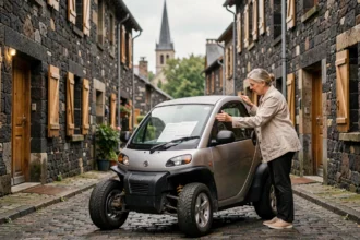 Femme examinant une voiture sans permis d'occasion dans un village d'Auvergne aux maisons en pierre volcanique