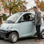 Homme examinant une voiture sans permis d'occasion bleue garée dans une rue résidentielle en France