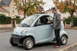 Homme examinant une voiture sans permis d'occasion bleue garée dans une rue résidentielle en France