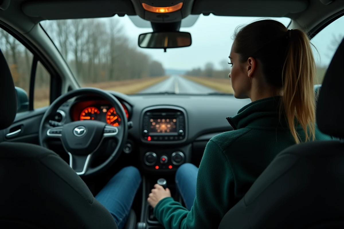 Conductrice observant le voyant ESP allumé sur le tableau de bord d'une voiture arrêtée sur le bord d'une route rurale
