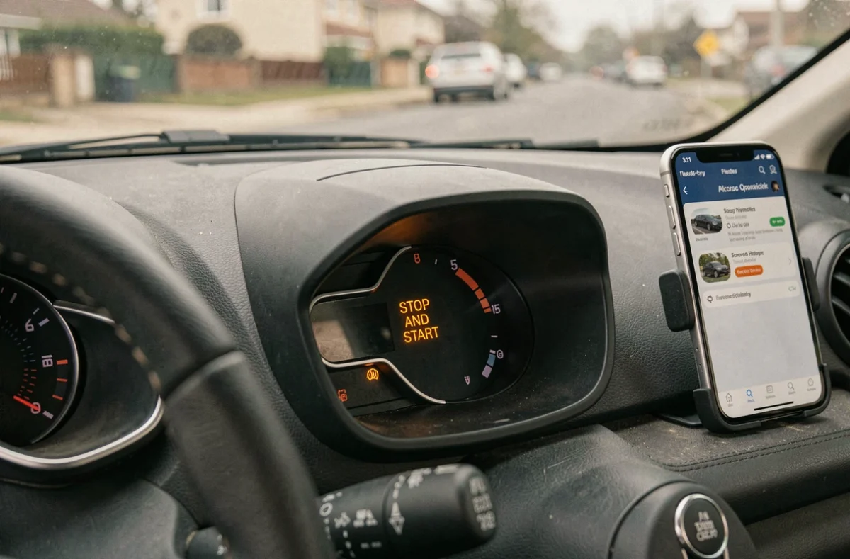 Voyant de défaillance du système Stop and Start allumé sur le tableau de bord d'une Renault Clio 4, indiquant une anomalie à diagnostiquer