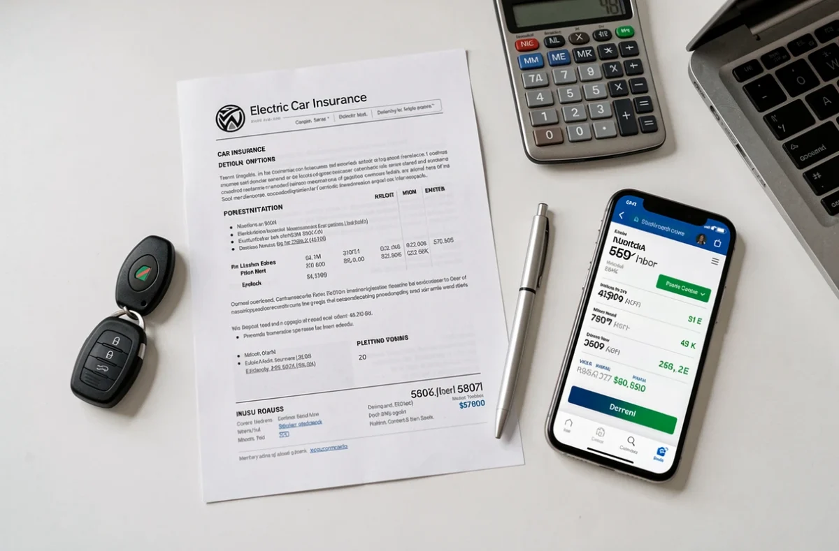 Vue de dessus d'un bureau avec des documents d'assurance auto électrique, clés de voiture et calculatrice